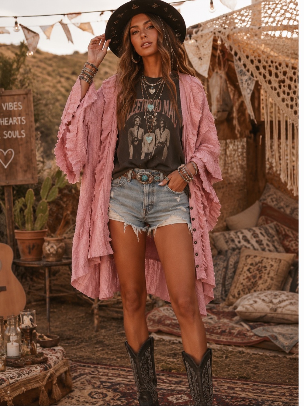 Blue Velvet Ruffle Poncho Top/Duster Pink w/ Buttons- PINK